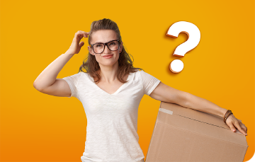 woman holding a box while scratching her head and pondering